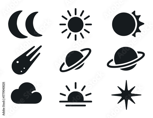 Set of dark celestial icons: moon, sun, meteor, planet, star, cloud