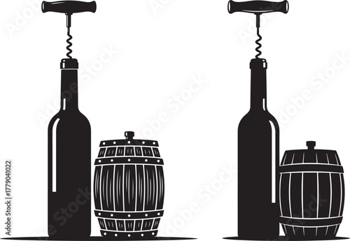 Two wine bottles and barrels silhouette