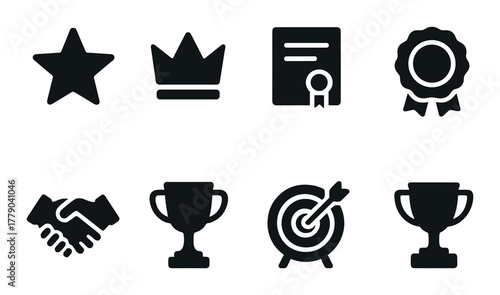 Icons of achievement: star, crown, certificate, award, handshake, trophies, target