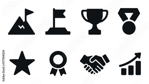 Achievement icons set: trophies, medals, growth, and success symbols in black