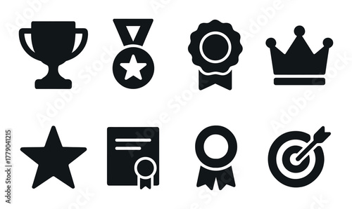 Set of achievement icons: trophy, medal, ribbon, crown, star, certificate, target symbol