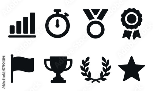 Monochrome icons of competition and success: trophy, medal, stopwatch, flag, laurel