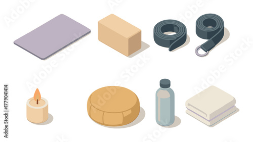 Yoga accessories set: mat, blocks, strap, candle, bolster, bottle, towel