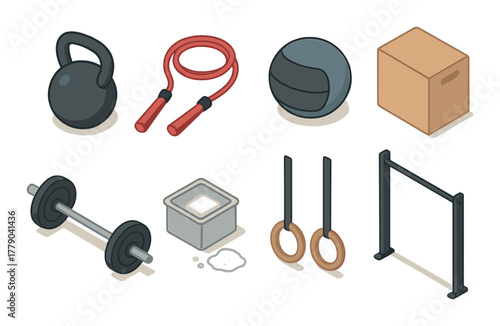 Isometric gym equipment set with kettlebell, jump rope, medicine ball, and more