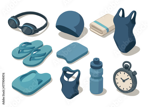 Collection of swimming gear: goggles, caps, swimsuits, and accessories in shades of blue