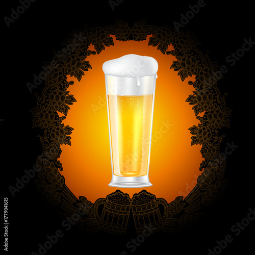 Glass of light beer with foam and hop pattern on black and orange background