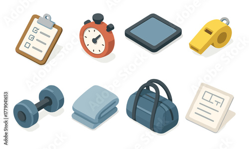 Vector icons representing gym equipment and fitness essentials on a wooden background