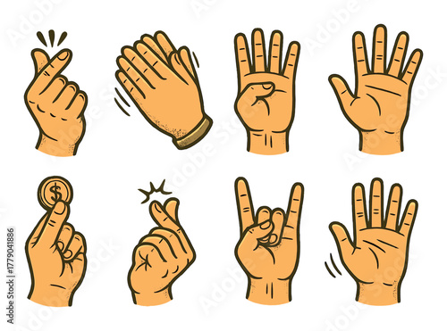 Illustrated hand gestures on yellow background: snap, clap, coins, and more