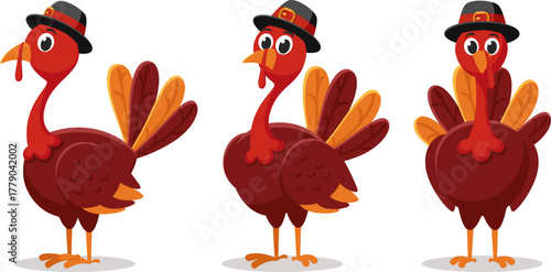 Set of turkeys birds in hats from different angles on a white background. Thanksgiving Day
