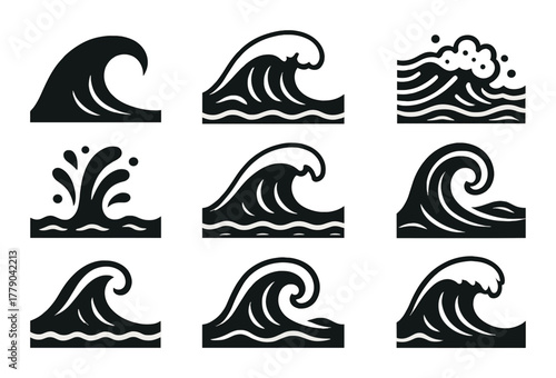 Set of nine black and white ocean wave icons on gray background