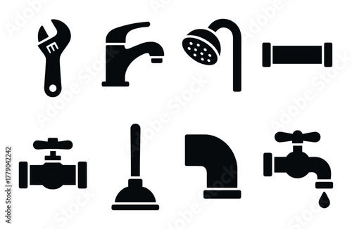 Silhouette plumbing icons set: wrench, faucet, shower, pipe, valve, plunger