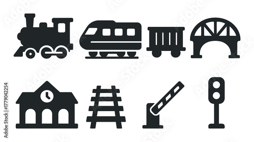 Black silhouette train icons set on dark background