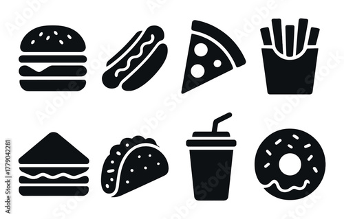 Modern black fast food icons collection featuring burger, hot dog, pizza, fries, sandwich, taco, drink, doughnut
