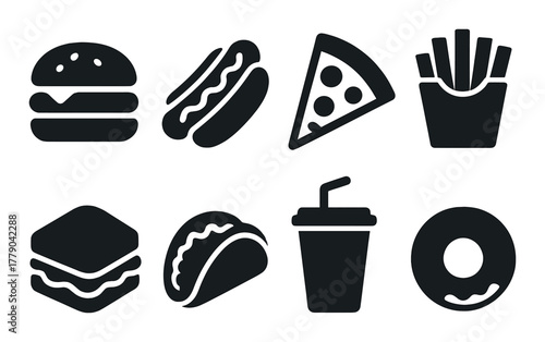 Silhouette icons of popular fast food items on a dark background