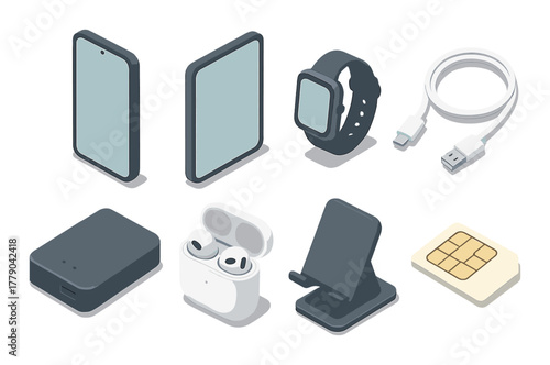 Modern gadgets: smartphone, tablet, smartwatch, charging cable, portable charger, earbuds, stand, sim card