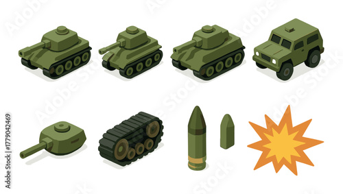 Isometric military vehicles and weaponry collection with explosion icon