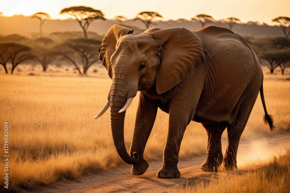 Fototapeta premium Ein majestätischer Elefant schreitet durch die afrikanische Savanne bei Sonnenuntergang