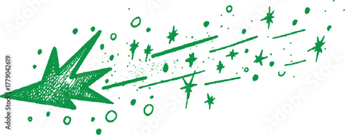 Green hand drawn starburst arrow with scattered dots and lines explosion