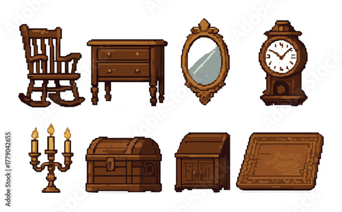 Retro pixel art antique furniture collection with rocking chair and grandfather clock