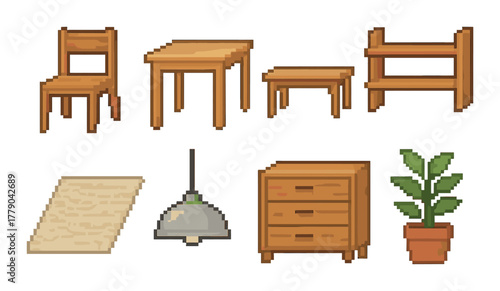 Pixel art wooden furniture set and indoor decor with lamp and plant