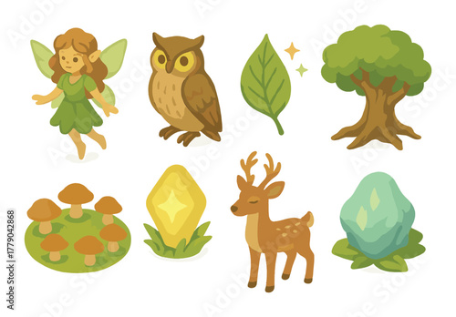Whimsical forest scene with fairy, owl, deer, and magical elements
