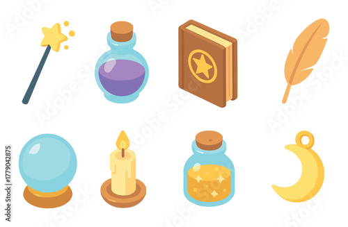Magical elements: wand, potion, spellbook, feather, crystal ball, candle, stardust, moon charm