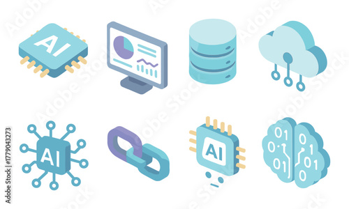Ai technology icons: chip, cloud, database, blockchain, neural network