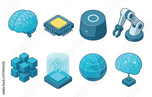 Futuristic technology icons featuring ai, robotics, and digital innovation