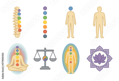 Chakra system representation with human silhouettes and symbols