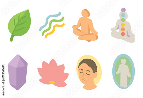 Holistic wellness symbols: meditation, chakra, healing