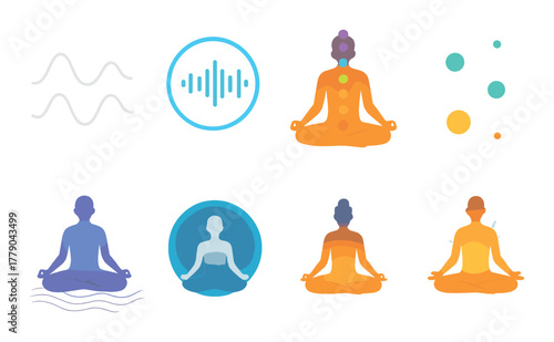 Chakra meditation designs with aura and energy symbols in vibrant colors