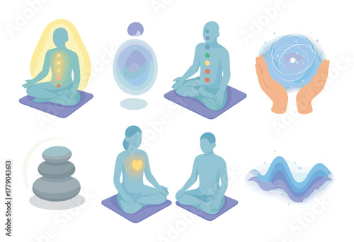 Meditation and chakra balancing with spiritual energy symbols
