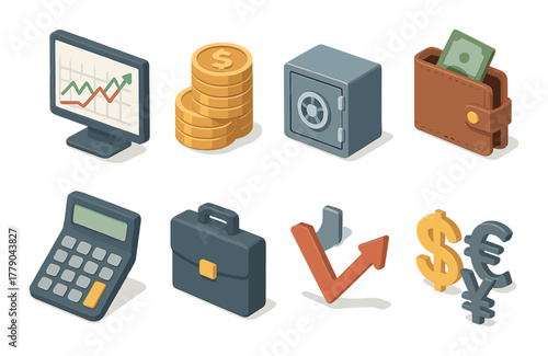Isometric financial icons: chart, coins, safe, wallet, calculator, briefcase, arrows, currencies