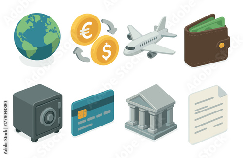 Global financial symbols: currency, travel, banking, and secure transactions illustrated
