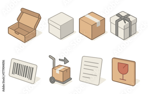 Various packaging box icons with barcode and shipping symbols on wooden background