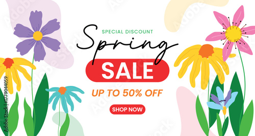 Charming "Hello Spring" illustration featuring a full, colorful garden on a warm peach background.