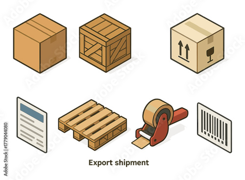 Export shipment icons featuring boxes, pallet, tape, and barcode for shipping logistics