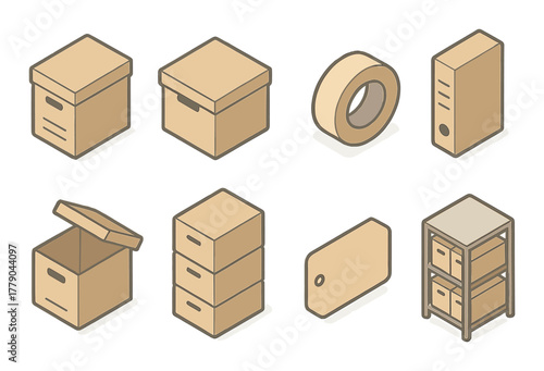 Isometric cardboard boxes and office supplies on brown background