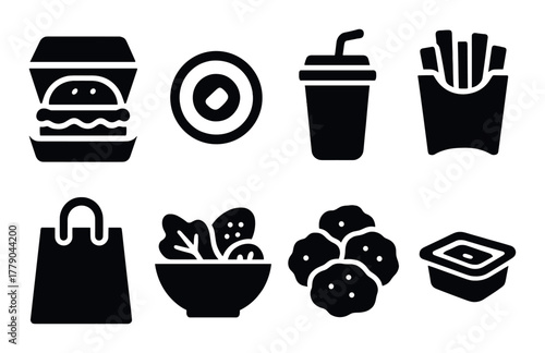 Silhouette icons of fast food items including burger, fries, salad, and drink