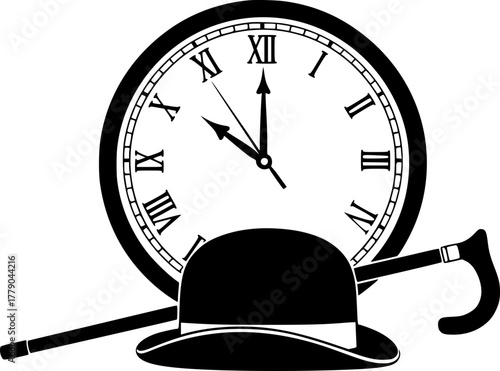 A stylish black bowler hat and an elegant cane against the background of a clock face. A symbol of old London, British classics, and gentlemanly chic.