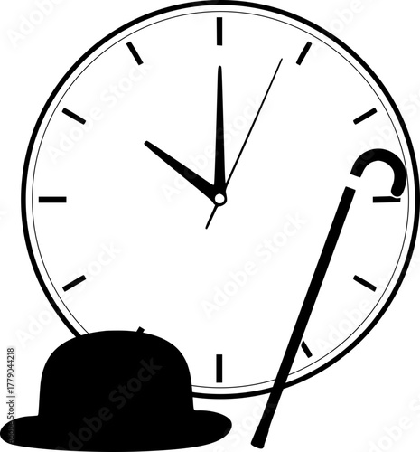 A stylish black bowler hat and an elegant cane against the background of a clock face. A symbol of old London, British classics, and gentlemanly chic.