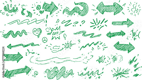 Green hand drawn arrows question marks wavy lines and comic style elements on white background sketch