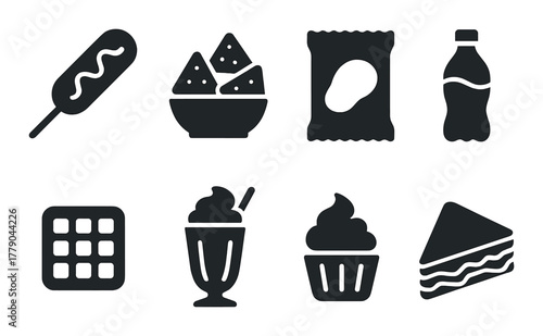 Silhouettes of popular snacks and drinks on dark background