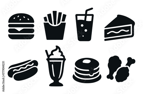 Icons of fast food: burger, fries, soda, pie, hot dog, milkshake, pancakes, chicken