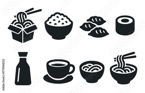 Asian cuisine icons: noodles, rice, dumplings, sushi, soy sauce, tea, ramen