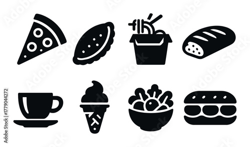 Silhouette icons of pizza, empanada, noodles, bread, coffee, ice cream, salad, sandwich