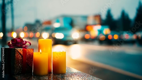 Candlelit evening street scene with gift box