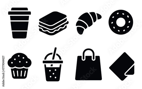 Black outline icons of coffee, sandwich, croissant, donut, muffin, drink, shopping bag, napkin