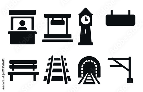Railway icons set: ticket booth, clock tower, tracks, tunnel, signage, bench