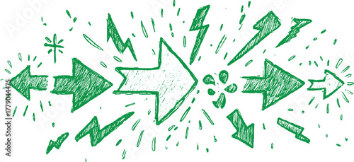 Green hand drawn arrows and lightning bolts on white background drawing